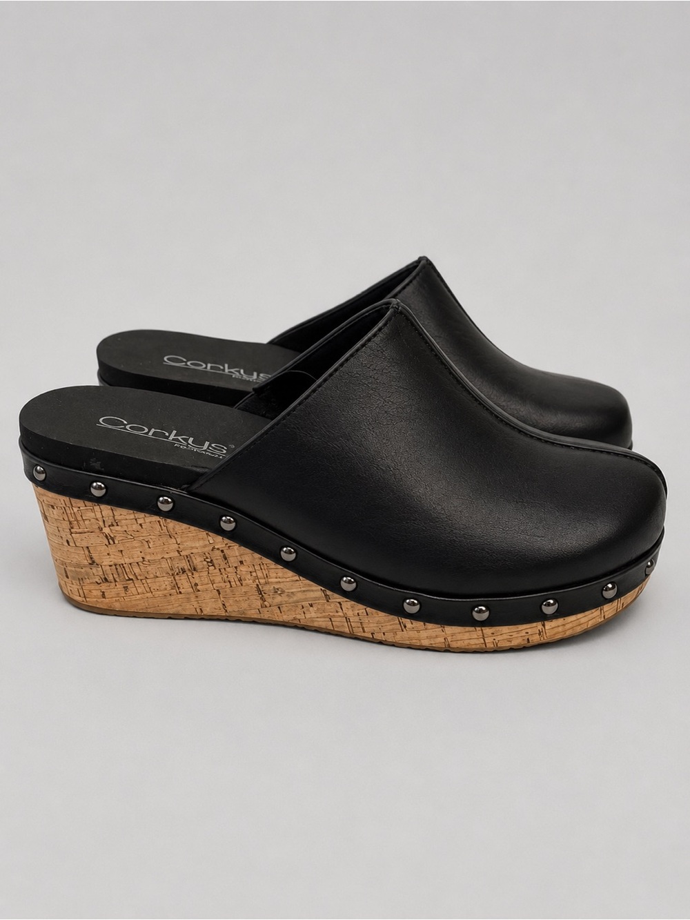 Corkys Black Platform Clogs Cork Wedge Mule Shoes Studded Slip On